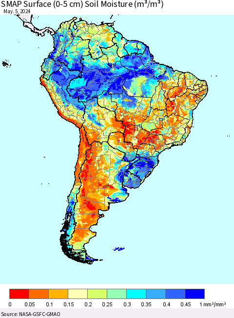 South America SMAP Surface (0-5 cm) Soil Moisture (m³/m³) Thematic Map For 5/1/2024 - 5/5/2024