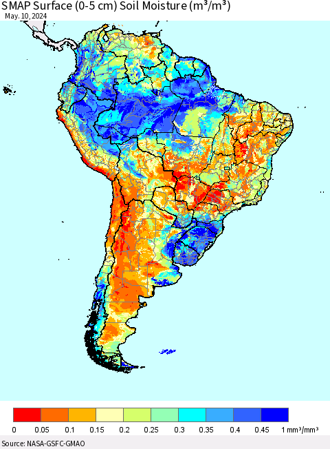 South America SMAP Surface (0-5 cm) Soil Moisture (m³/m³) Thematic Map For 5/6/2024 - 5/10/2024