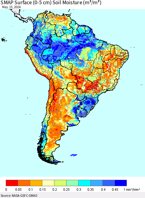 South America SMAP Surface (0-5 cm) Soil Moisture (m³/m³) Thematic Map For 5/11/2024 - 5/15/2024