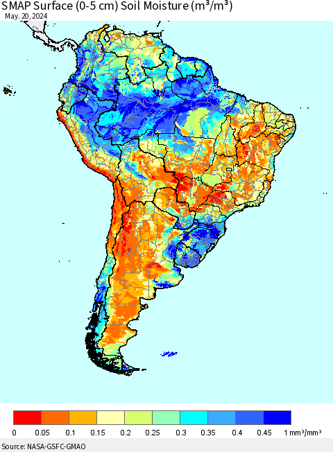South America SMAP Surface (0-5 cm) Soil Moisture (m³/m³) Thematic Map For 5/16/2024 - 5/20/2024
