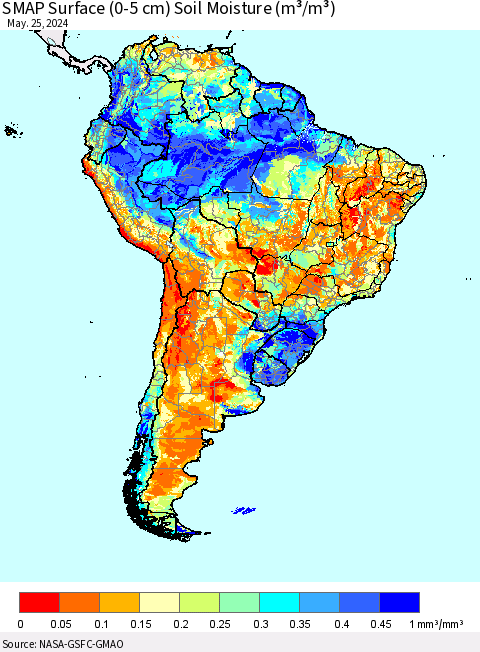 South America SMAP Surface (0-5 cm) Soil Moisture (m³/m³) Thematic Map For 5/21/2024 - 5/25/2024