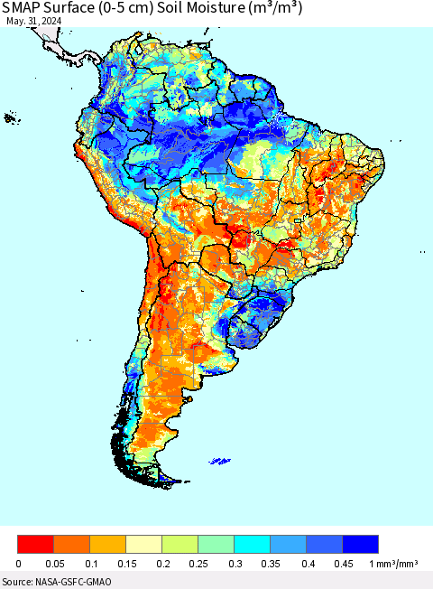 South America SMAP Surface (0-5 cm) Soil Moisture (m³/m³) Thematic Map For 5/26/2024 - 5/31/2024