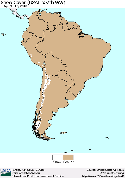 South America Snow Cover (USAF 557th WW) Thematic Map For 4/9/2018 - 4/15/2018