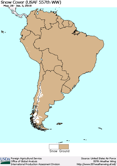 South America Snow Cover (USAF 557th WW) Thematic Map For 5/28/2018 - 6/3/2018