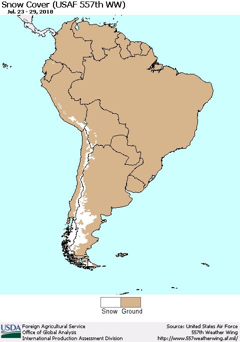 South America Snow Cover (USAF 557th WW) Thematic Map For 7/23/2018 - 7/29/2018