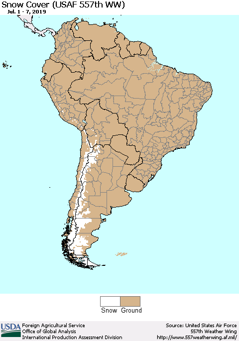 South America Snow Cover (USAF 557th WW) Thematic Map For 7/1/2019 - 7/7/2019