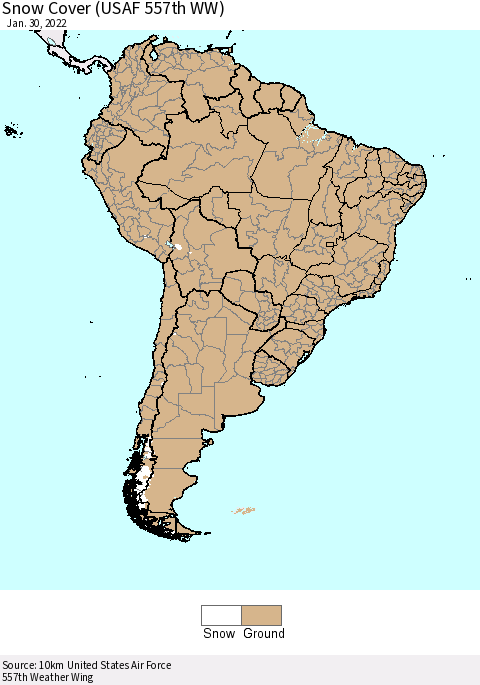 South America Snow Cover (USAF 557th WW) Thematic Map For 1/24/2022 - 1/30/2022