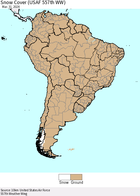 South America Snow Cover (USAF 557th WW) Thematic Map For 3/25/2024 - 3/31/2024