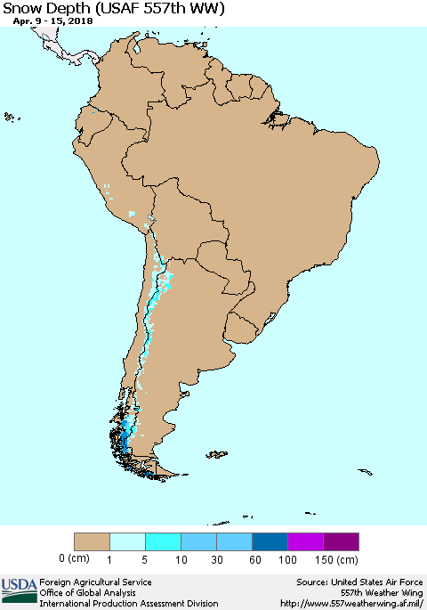 South America Snow Depth (USAF 557th WW) Thematic Map For 4/9/2018 - 4/15/2018