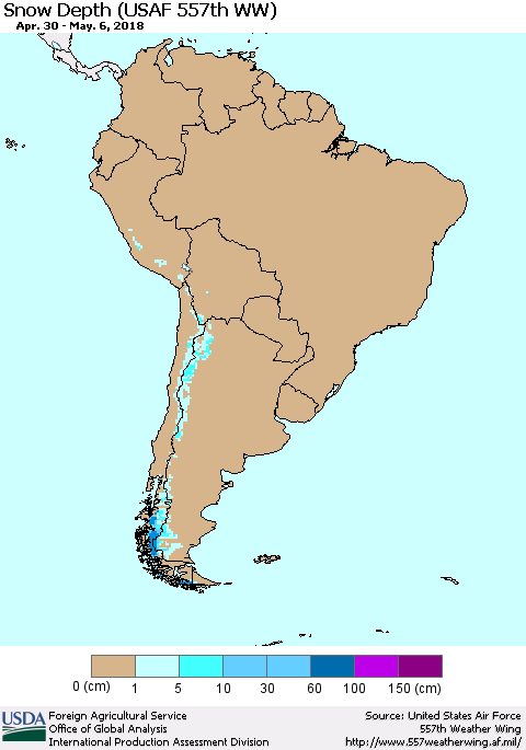 South America Snow Depth (USAF 557th WW) Thematic Map For 4/30/2018 - 5/6/2018