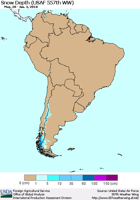 South America Snow Depth (USAF 557th WW) Thematic Map For 5/28/2018 - 6/3/2018