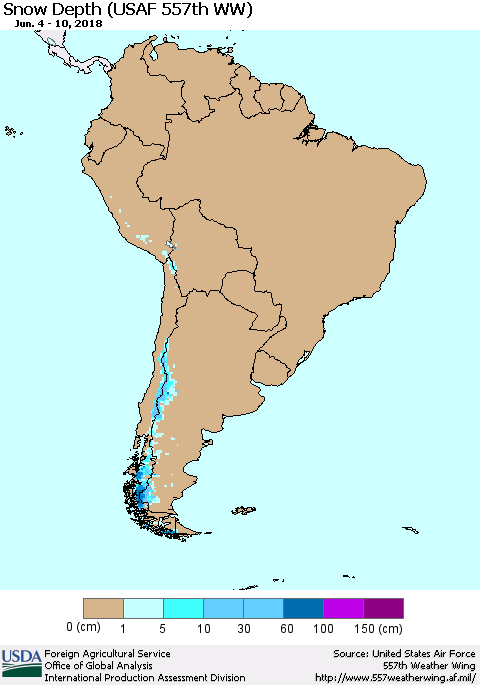 South America Snow Depth (USAF 557th WW) Thematic Map For 6/4/2018 - 6/10/2018