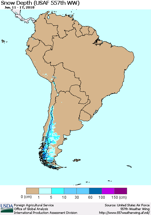 South America Snow Depth (USAF 557th WW) Thematic Map For 6/11/2018 - 6/17/2018