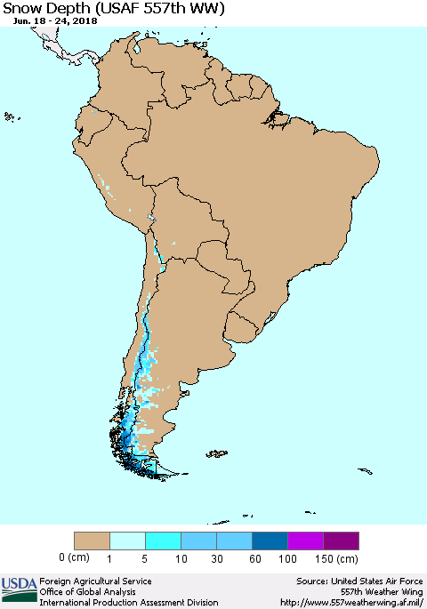 South America Snow Depth (USAF 557th WW) Thematic Map For 6/18/2018 - 6/24/2018