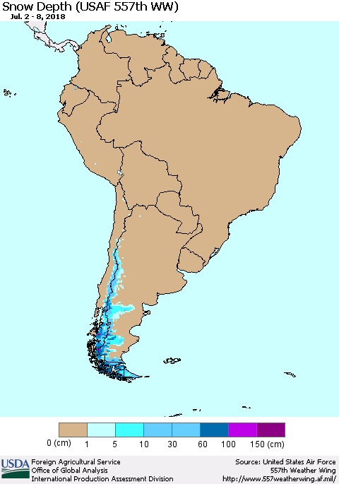 South America Snow Depth (USAF 557th WW) Thematic Map For 7/2/2018 - 7/8/2018