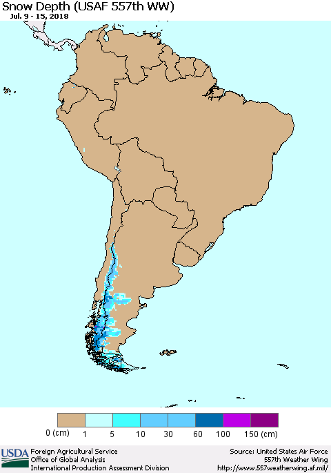 South America Snow Depth (USAF 557th WW) Thematic Map For 7/9/2018 - 7/15/2018