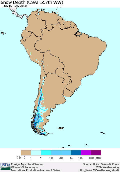 South America Snow Depth (USAF 557th WW) Thematic Map For 7/16/2018 - 7/22/2018