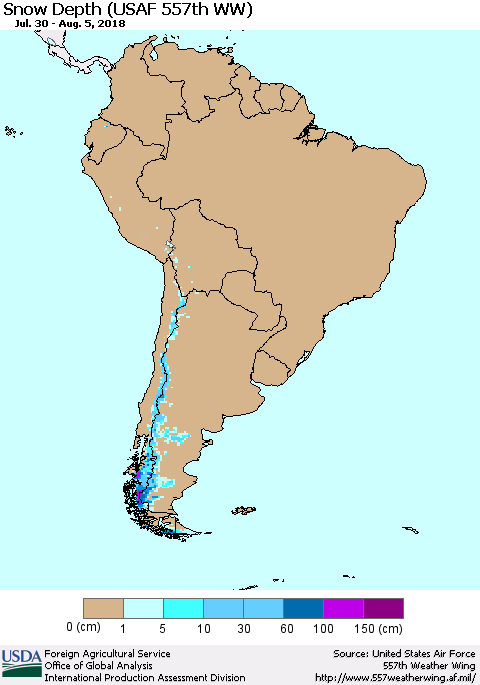 South America Snow Depth (USAF 557th WW) Thematic Map For 7/30/2018 - 8/5/2018
