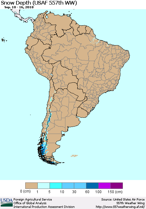 South America Snow Depth (USAF 557th WW) Thematic Map For 9/10/2018 - 9/16/2018