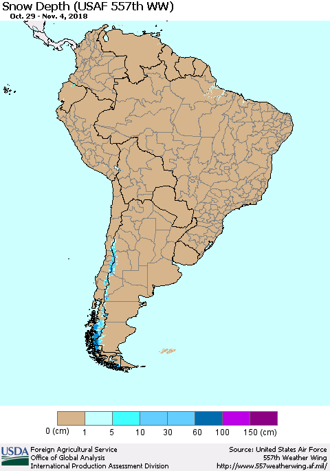 South America Snow Depth (USAF 557th WW) Thematic Map For 10/29/2018 - 11/4/2018
