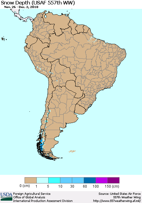 South America Snow Depth (USAF 557th WW) Thematic Map For 11/26/2018 - 12/2/2018