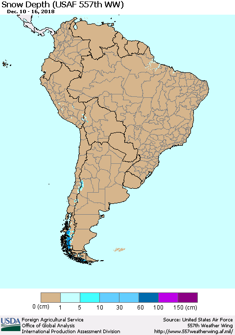 South America Snow Depth (USAF 557th WW) Thematic Map For 12/10/2018 - 12/16/2018