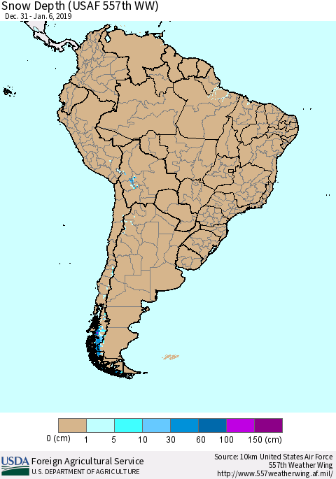 South America Snow Depth (USAF 557th WW) Thematic Map For 12/31/2018 - 1/6/2019