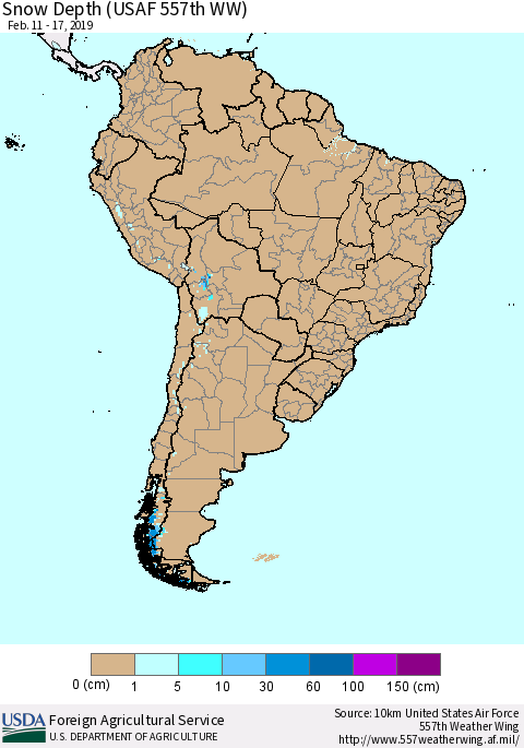 South America Snow Depth (USAF 557th WW) Thematic Map For 2/11/2019 - 2/17/2019
