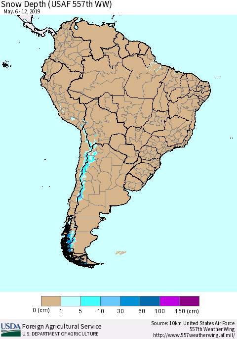 South America Snow Depth (USAF 557th WW) Thematic Map For 5/6/2019 - 5/12/2019