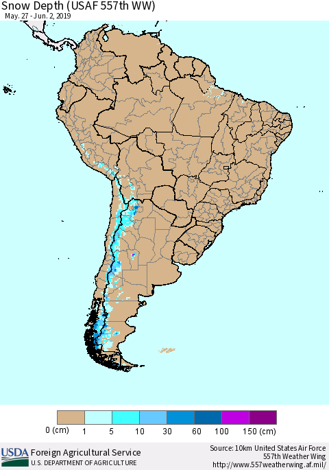 South America Snow Depth (USAF 557th WW) Thematic Map For 5/27/2019 - 6/2/2019