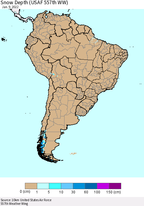 South America Snow Depth (USAF 557th WW) Thematic Map For 1/3/2022 - 1/9/2022