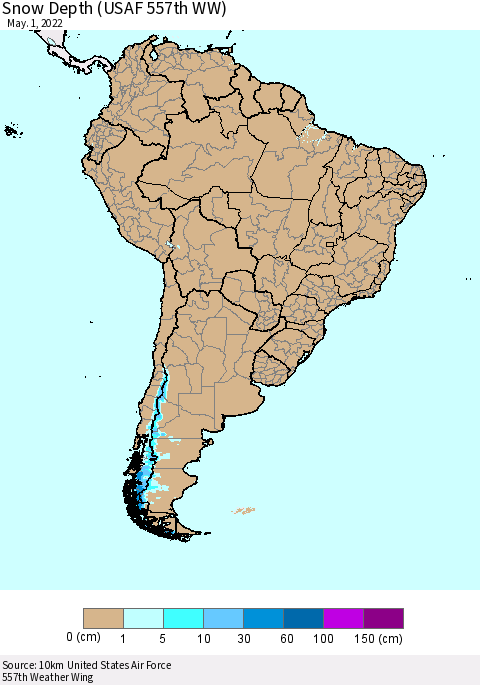 South America Snow Depth (USAF 557th WW) Thematic Map For 4/25/2022 - 5/1/2022