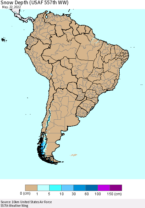 South America Snow Depth (USAF 557th WW) Thematic Map For 5/16/2022 - 5/22/2022