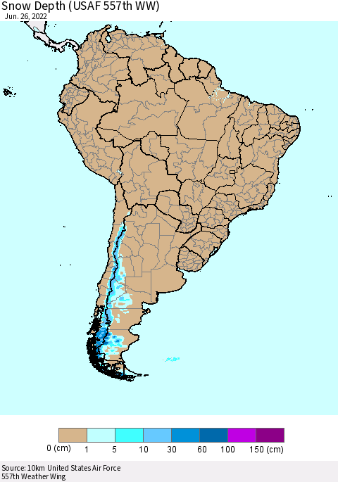 South America Snow Depth (USAF 557th WW) Thematic Map For 6/20/2022 - 6/26/2022