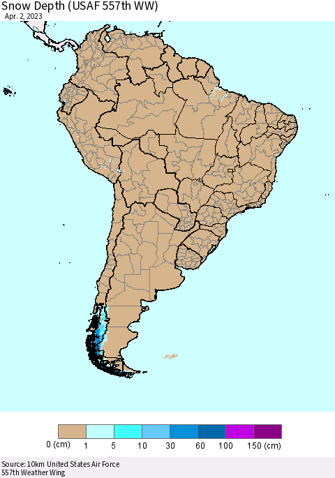 South America Snow Depth (USAF 557th WW) Thematic Map For 3/27/2023 - 4/2/2023