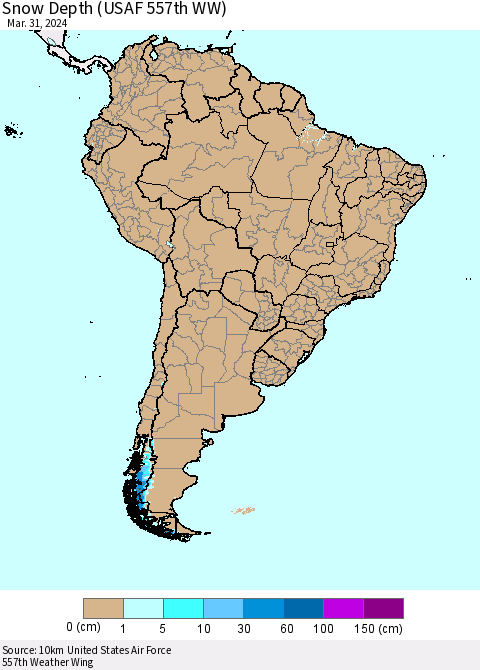 South America Snow Depth (USAF 557th WW) Thematic Map For 3/25/2024 - 3/31/2024