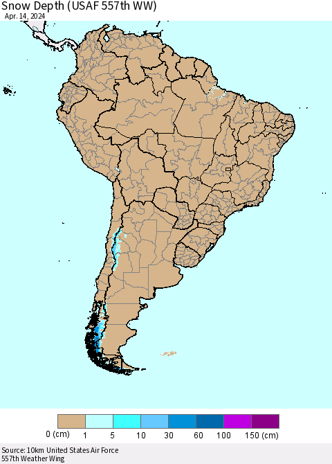 South America Snow Depth (USAF 557th WW) Thematic Map For 4/8/2024 - 4/14/2024