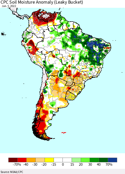 South America CPC Soil Moisture Anomaly (Leaky Bucket) Thematic Map For 1/1/2022 - 1/5/2022
