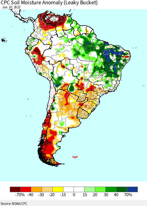South America CPC Soil Moisture Anomaly (Leaky Bucket) Thematic Map For 1/6/2022 - 1/10/2022