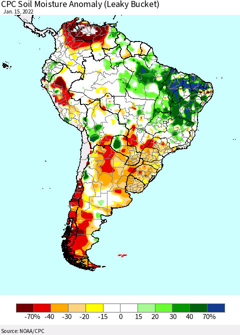 South America CPC Soil Moisture Anomaly (Leaky Bucket) Thematic Map For 1/11/2022 - 1/15/2022