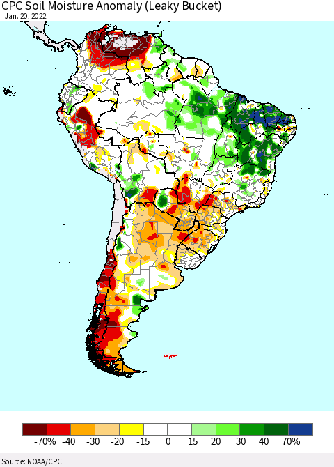 South America CPC Soil Moisture Anomaly (Leaky Bucket) Thematic Map For 1/16/2022 - 1/20/2022