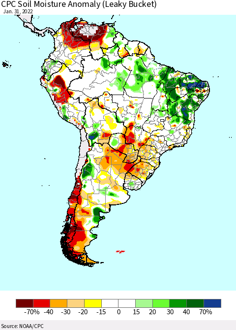 South America CPC Soil Moisture Anomaly (Leaky Bucket) Thematic Map For 1/26/2022 - 1/31/2022