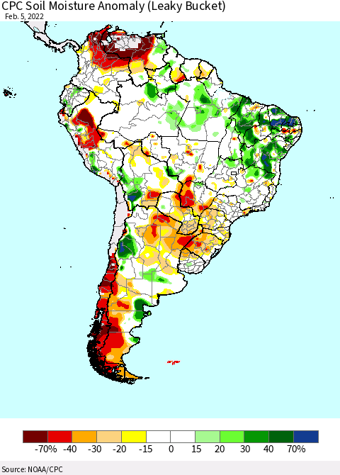 South America CPC Soil Moisture Anomaly (Leaky Bucket) Thematic Map For 2/1/2022 - 2/5/2022
