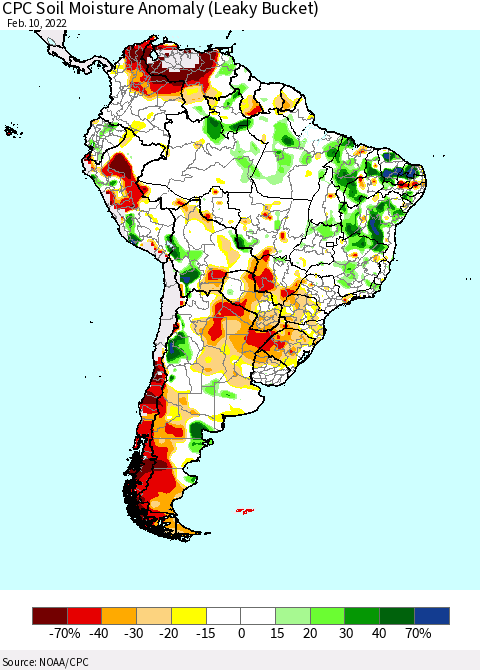 South America CPC Soil Moisture Anomaly (Leaky Bucket) Thematic Map For 2/6/2022 - 2/10/2022