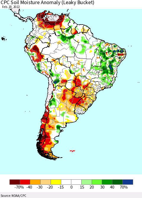 South America CPC Soil Moisture Anomaly (Leaky Bucket) Thematic Map For 2/16/2022 - 2/20/2022