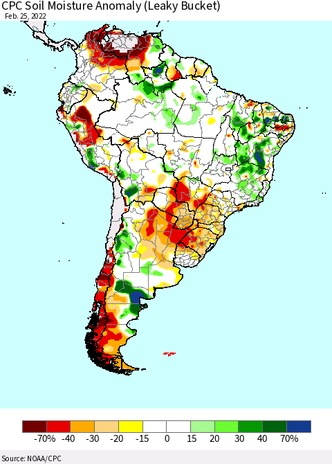 South America CPC Soil Moisture Anomaly (Leaky Bucket) Thematic Map For 2/21/2022 - 2/25/2022