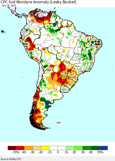 South America CPC Soil Moisture Anomaly (Leaky Bucket) Thematic Map For 2/26/2022 - 2/28/2022