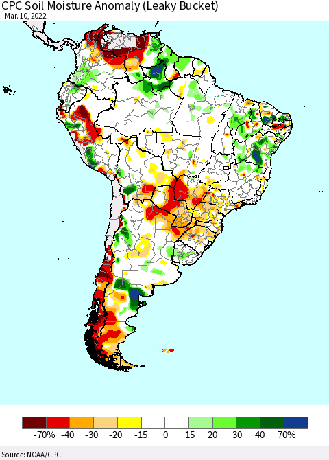 South America CPC Soil Moisture Anomaly (Leaky Bucket) Thematic Map For 3/6/2022 - 3/10/2022