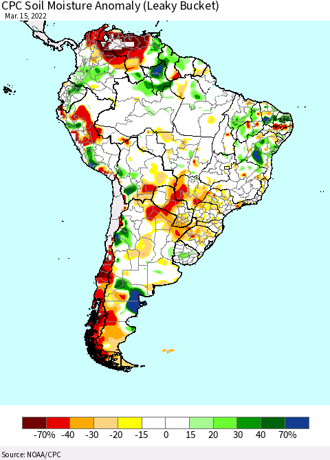 South America CPC Soil Moisture Anomaly (Leaky Bucket) Thematic Map For 3/11/2022 - 3/15/2022