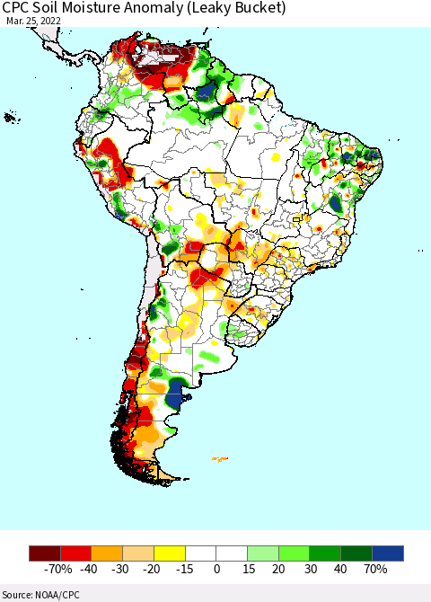 South America CPC Soil Moisture Anomaly (Leaky Bucket) Thematic Map For 3/21/2022 - 3/25/2022